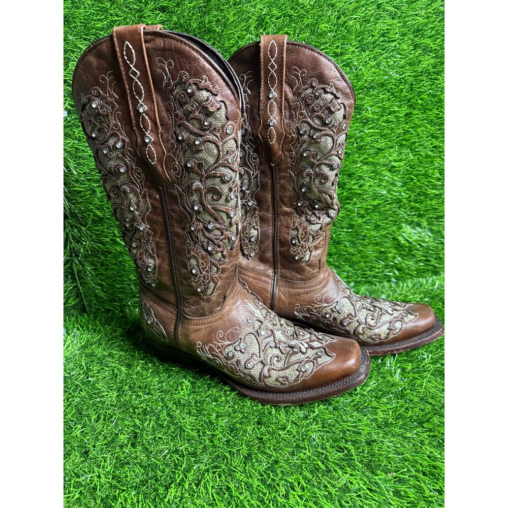 Wild Flowers Western Boots Brown Glitter Embroidered Studded Women’s 8